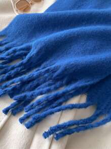 1pc Women's Winter Scarf, Black Faux Cashmere Poncho, Thick & Warm, Women's Fashion Solid Color Tassel Fleece Scarf, Outdoor Women Shawl Accessory - Royal Blue - View 5