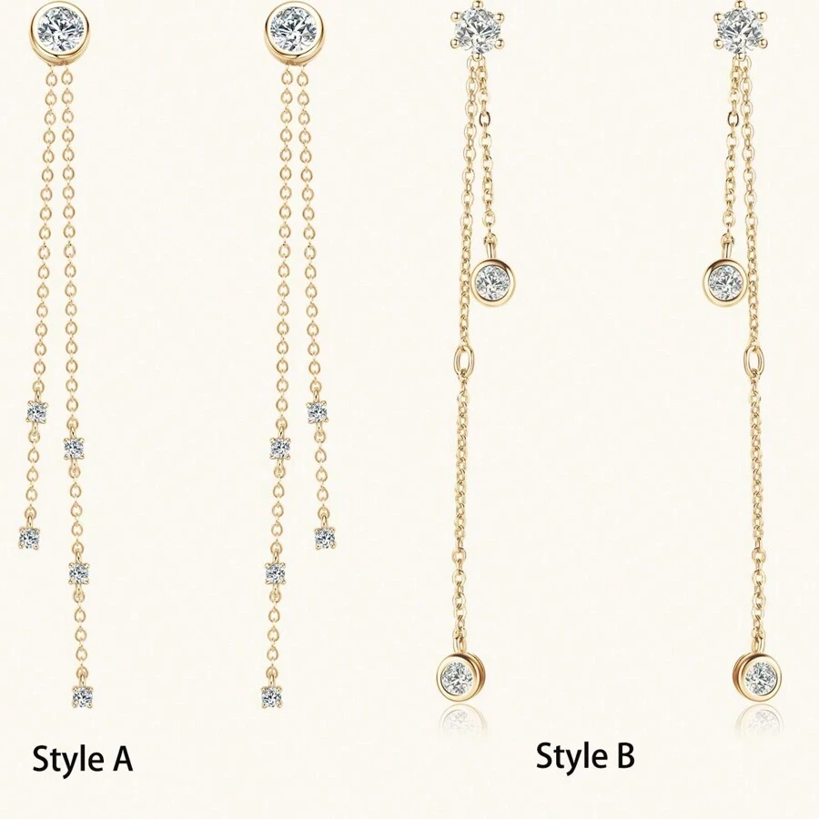 XUJIA 1 对 925 纯银时尚简约包镶嵌 4 毫米和 3 毫米/5 毫米圆形切割莫桑石链式耳环三种佩戴方式轻奢优雅流苏耳环万圣节派对与圣诞节珠宝送给女朋友的生日礼物附赠 1 件莫桑石 GRA 证书 - 流蘇吊墜耳環 - 查看 1