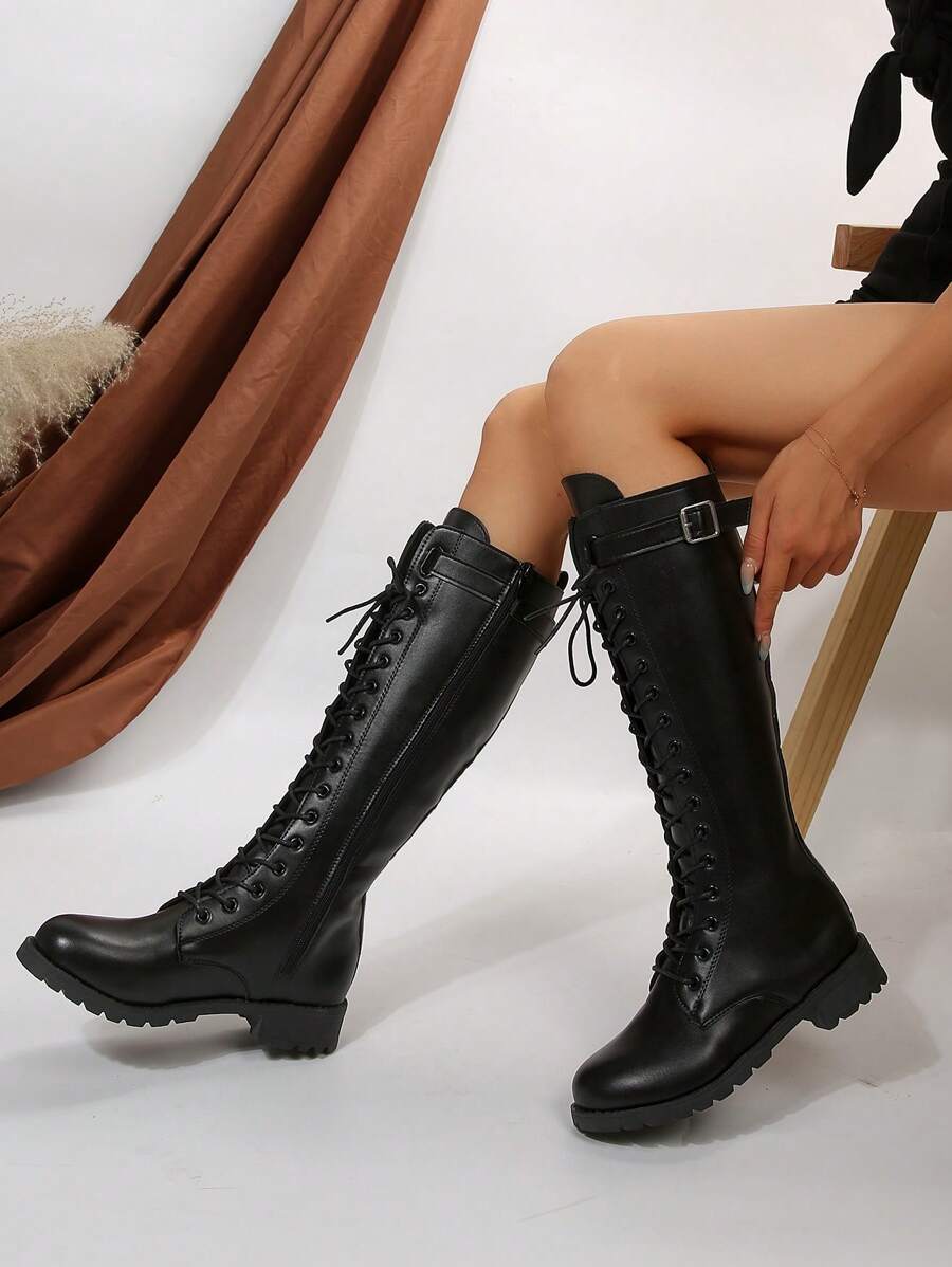 Women Fashion Leather High-Top Lace-Up Boots, Black Motorcycle Tall Boots - Black - View 1