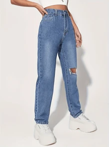 Women Fashion Ripped Straight-Leg Jeans, Casual Style, Button Zipper, Pocket Solid Color Denim Pants