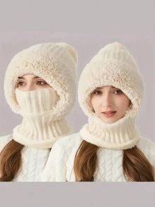 1 Pc WarmthMax Thermal Lined Knit Hat - Windproof, Thermal Insulation, Earflap Protection, Hooded Neck Gaiter, Breathable, Moisture-Wicking, Outdoor Cycling Essential For Cold Weather