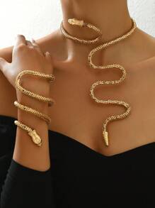 2pcs/Set Autumn/Winter New Creative Metal Wrapped Punk Hip-Hop Snake Bracelet & Necklace Set