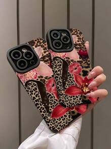 1pc Retro Leopard Print & Floral Lips Pattern Vertical Faux Leather Protective Phone Case Compatible With Iphone & Samsung S15/S15+/S15Pro/S15Pro Max - Multicolor - View 4