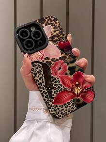1pc Retro Leopard Print & Floral Lips Pattern Vertical Faux Leather Protective Phone Case Compatible With Iphone & Samsung S15/S15+/S15Pro/S15Pro Max - Multicolor - View 2