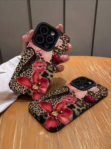 1pc Retro Leopard Print & Floral Lips Pattern Vertical Faux Leather Protective Phone Case Compatible With Iphone & Samsung S15/S15+/S15Pro/S15Pro Max - Multicolor - View 3