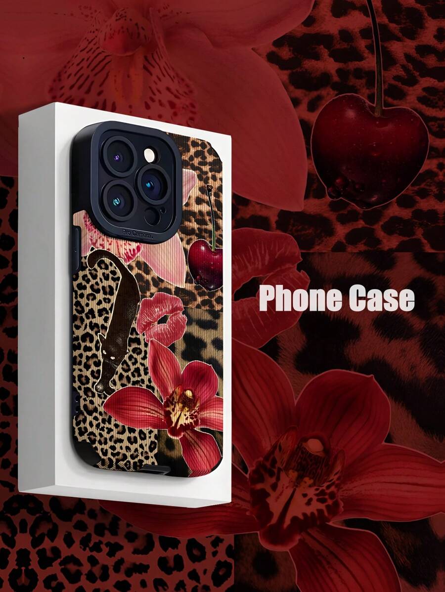 1pc Retro Leopard Print & Floral Lips Pattern Vertical Faux Leather Protective Phone Case Compatible With Iphone & Samsung S15/S15+/S15Pro/S15Pro Max - Multicolor - View 1