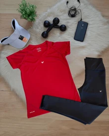 Women's Gym Set Dry Fit Shirt + Sports Fitness Leggings - Đỏ - Xem 1