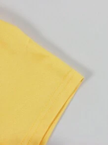 Ensemble deux pièces d'été slim de couleur unie Fallow, Top court à manches courtes imprimé col rond, short à cordon de serrage. Ensemble sport pour femmes. - Jaune citron - Voir 6