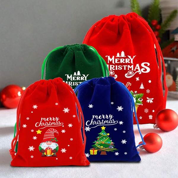 Christmas Flannel Gift Bags, Christmas Gift Bags, Christmas Eve Apple Bags, Large Red Drawstring Candy Bags,Christmas