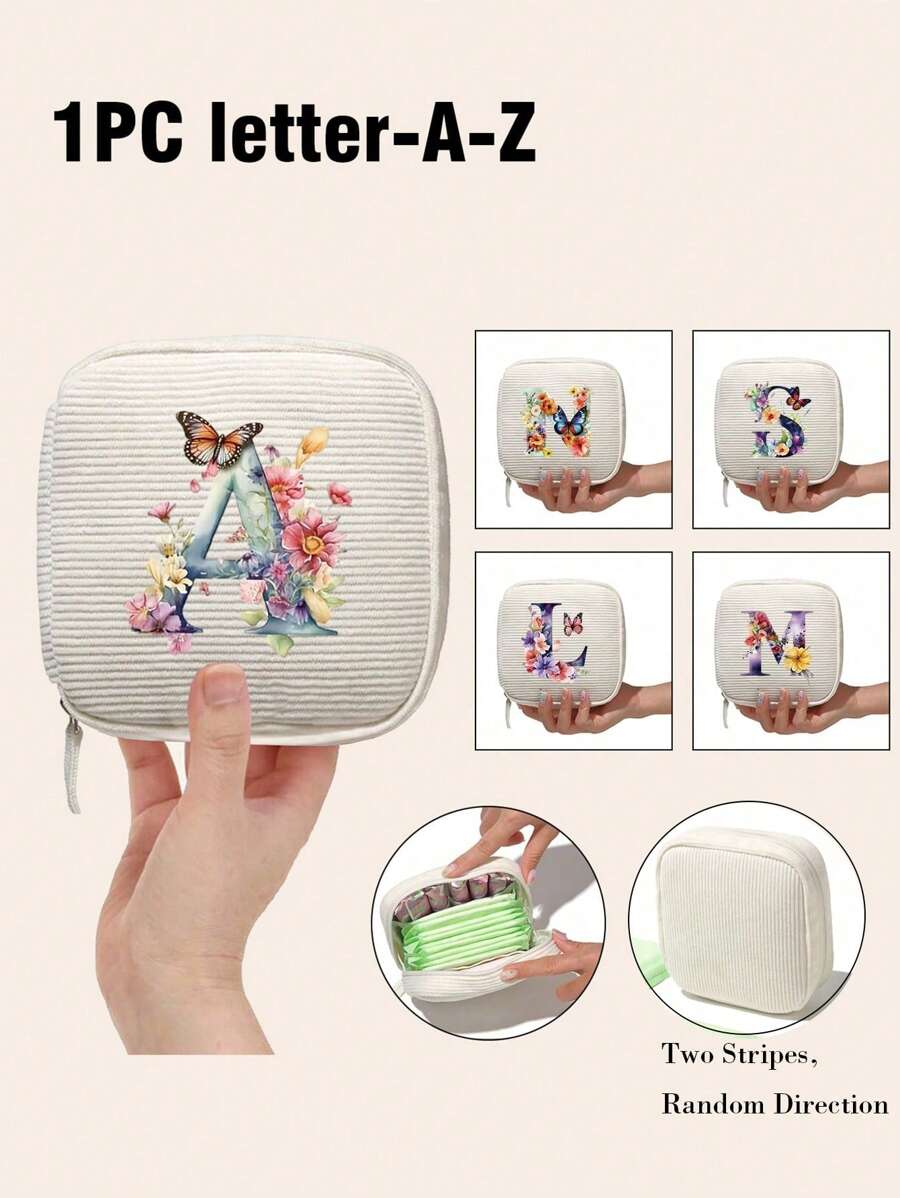 1 件装可爱字母 A-Z 卫生巾收纳袋，黑色便携简约灯芯绒小方包日系美妆包洗漱用品收纳袋，适合经期女生！防水化妆品旅行包零钱包女生钱包美容工具收纳旅行必备返校宿舍收纳袋旅行收纳袋，可装口红、刷子、护肤品、手机、硬币、小物品，适用于居家、礼品、度假和节日万圣节圣诞节多功能用途 - 米色 - 查看 1