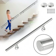 YUENFONG Handrail Railing Stainless Steel Stair Railing With Metal Dowels Wall Handrail Wall Bracket For Handrail Stainless Steel Outside, Balcony, Parapet, Stainless Steel Look (60cm, 80cm, 100cm, 120cm, 150cm, 160cm, 180cm, 200cm) - 銀色-60cm - 查看 1