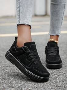 女士时尚高档灰色透气系带休闲防滑运动鞋，户外百搭简约风格厚底增高运动鞋 - 黑色 - 查看 7