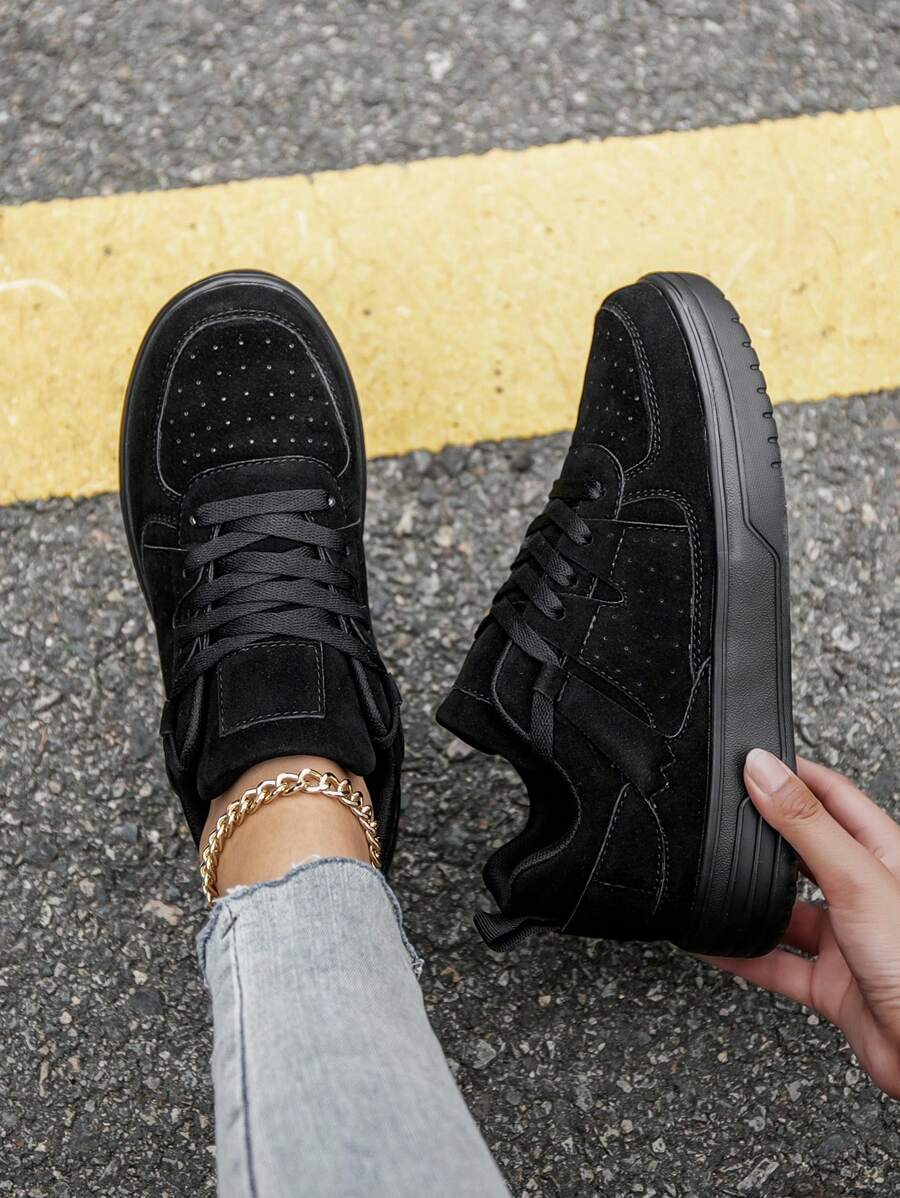 女士时尚高档灰色透气系带休闲防滑运动鞋，户外百搭简约风格厚底增高运动鞋 - 黑色 - 查看 1