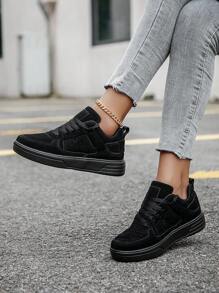 女士时尚高档灰色透气系带休闲防滑运动鞋，户外百搭简约风格厚底增高运动鞋 - 黑色 - 查看 6