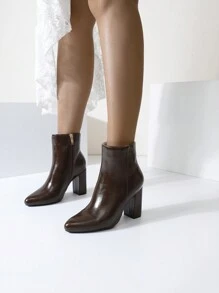 Timesize 巧克力色短靴、时尚踝靴、粗高跟靴、各种图案 - 巧克力棕 - 查看 2