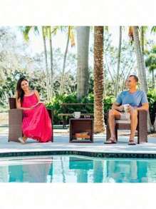 3PC Patio Outdoor Chairs Set With Table, Outdoor Wicker Furniture Set For Lawn - 棕色/米色 - 查看 7