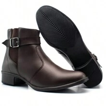 Women's Short Boot With Elastic And Buckle, Zipper Closure - 咖啡棕 - 查看 4