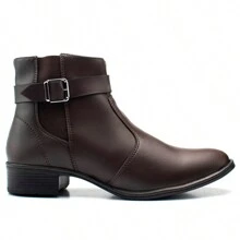 Women's Short Boot With Elastic And Buckle, Zipper Closure - 咖啡棕 - 查看 2