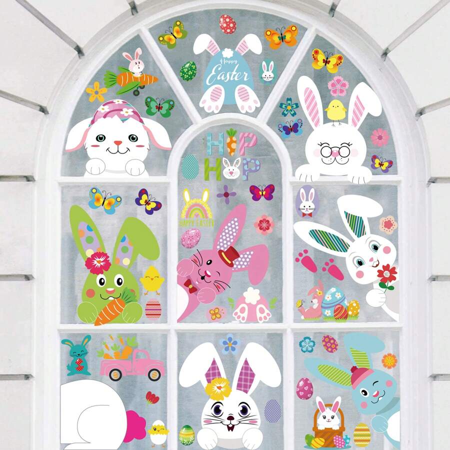 129pcs Easter Egg Bunny Chick Static Window Sticker Showcase Glass Door Decoration Sticker - 64pcs a Set Of 9 - View 1