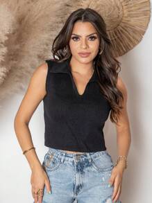 Polo Collar Tank Top With Modal Knit Line Cropped - màu đen - Xem 1