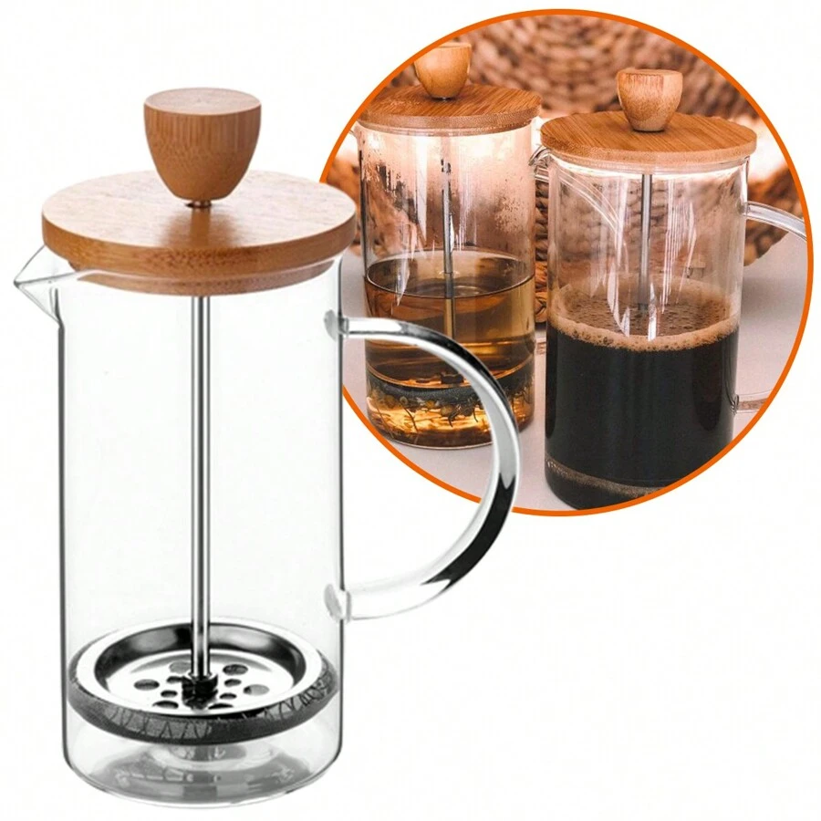 Cafeteira French Press com Tampa de Vidro e Bambu 600ml Premium,