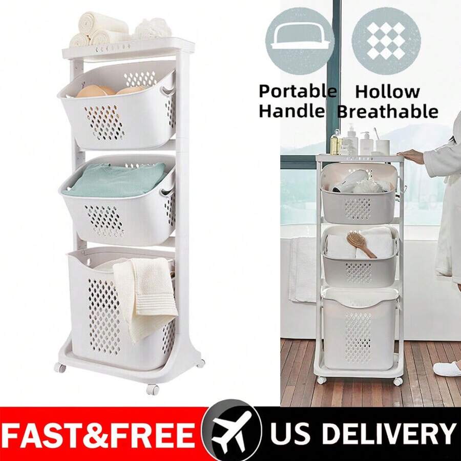 3 Tier Laundry Basket Washing Hamper Bathroom Rolling Cart Organizer Shelf Clothes Storage Bin With 4 Wheels,Laundry Hamper, Plastic Storage Basket, Double-Layer Large Dirty Clothes Hamper For Home, Bathroom Organization And Laundry Basket. - 白色帶輪 - 查看 1