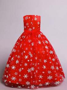 女孩公主长裙薄纱网眼泡泡袖舞会礼服，圣诞服装，红色，四季皆宜 - 紅色 - 查看 6