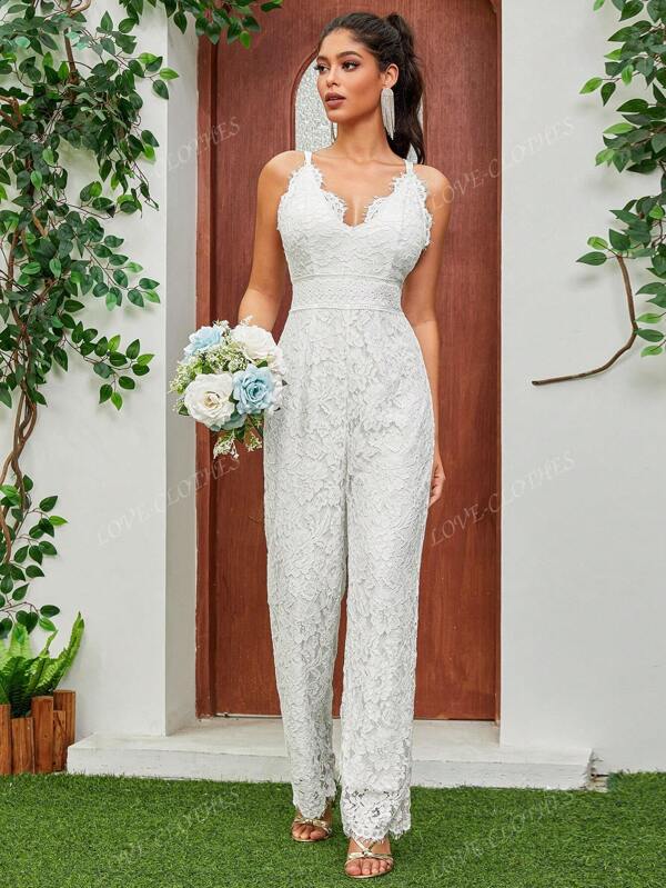 Women's Suspender High Waist V Neck White Long Sleeve Elegant Lace Jumpsuit, Bridal Wedding Outfits
