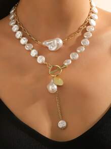 复古仿珍珠吊坠 OT 扣项链优雅女士项链 - 白色 - 查看 11