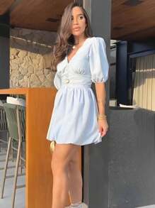 Aylen Women's Fashion Balloon Princess Sleeve Dress With Zipper At The Back. - 淺藍色 - 查看 1