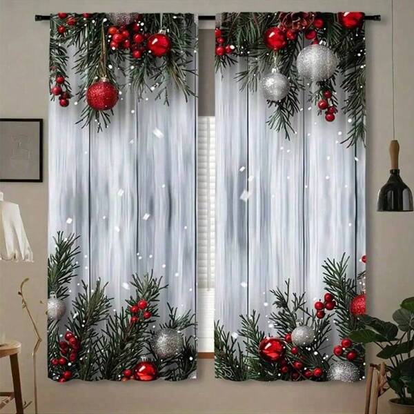 1set/2pcs Winter Christmas Red Christmas Ball, Snowflake, Pine Leaf, Wood Grain Digital Print Curtain, Made Of Polyester, Suitable For Living Room, Kitchen, Bedroom, Study, Bathroom, Hotel, Restaurant, Home Decor