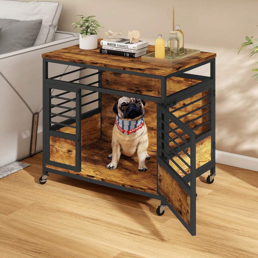 32 Inch DoubleDoors Dog Kennel Indoor With Divider And Removable Tray