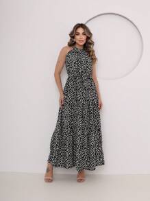 Vestido Longo com cinto  sem Manga Estampado Floral Verão - Preto - Visão 2