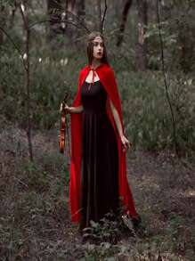 1 pièce Cape du Petit Chaperon Rouge, Châle de Reine de Château, Costume de Jeu de Vampire d'Halloween, Accessoire Costume Cape Rouge (2 Tailles) - Rouge - Voir 2