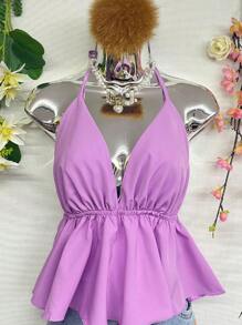 T 066 Ruffle Trim Tied Backless Halter Top - Mauve Purple - View 2