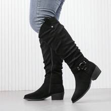 Women's Extra Wide Calf Knee High Boots, Wide Width Slouchy Knee-High Boots Low Stacked Heel Winter Fall Plus Size Boots - MF đen - Xem 2