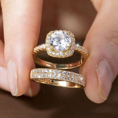 2 pièces/Set Bague de fiançailles en alliage d'or brillant avec décoration en zirconium pour femmes, convient pour le port quotidien, les mariages, les fiançailles, la Saint-Valentin, anniversaire