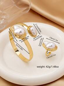 2 件不对称珍珠手链和戒指首饰套装，浪漫优雅的女性礼物 - 金黃色+白色 - 查看 4