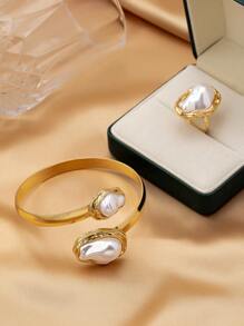 2 件不对称珍珠手链和戒指首饰套装，浪漫优雅的女性礼物 - 金黃色+白色 - 查看 3