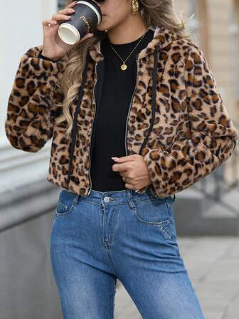 Leopard Fleece Printed Hooded Drawstring Zip-Up Jacket, Autumn Winter