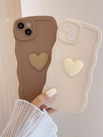 2pcs Brown & White Heart Wave Fashionable Stylish Cute Phone Case Compatible With Iphone 12/13/14/15/16 Pro Max