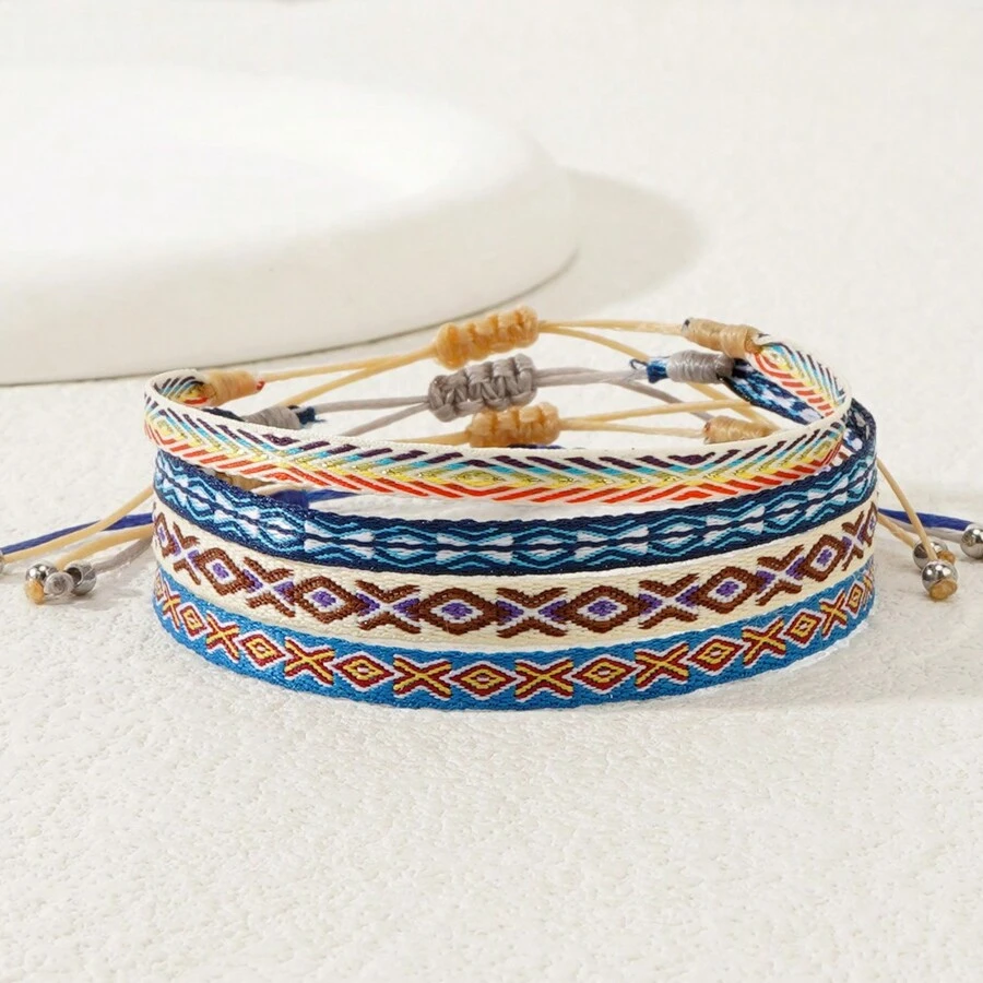 1pc Fashionable Minimalist Bohemian Geometric Retro Pattern Woven Bracelet, Adjustable Woven Bracelet, Stackable Woven Bracelet, Elegant Women's Bracelet, Suitable For Daily Wear, Gift For Family, Friends, Couple, Birthday, Bohemian Fashion Jewelry - Multicolor - View 1
