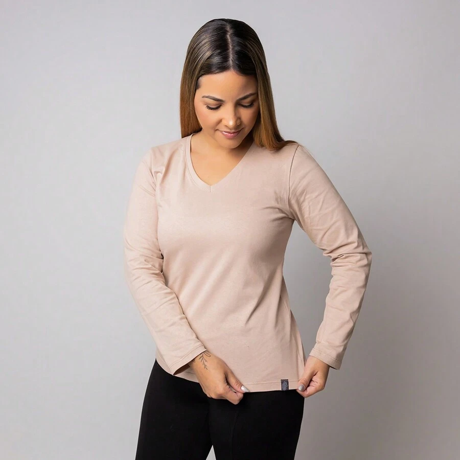 Women's Long Sleeve V-Neck T-Shirt - 巧克力棕 - 查看 1