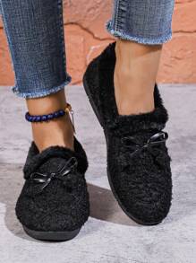 Women's Warm Thermal Lined Slip-On Slippers With Soft Bottom, Bowknot Decor, Non-Slip Indoor/Outdoor House Shoes, Casual Style