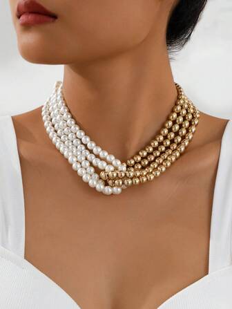 1pc Vintage French Multi-Layer Beaded Choker Necklace, Suitable For Women's Daily Wear
