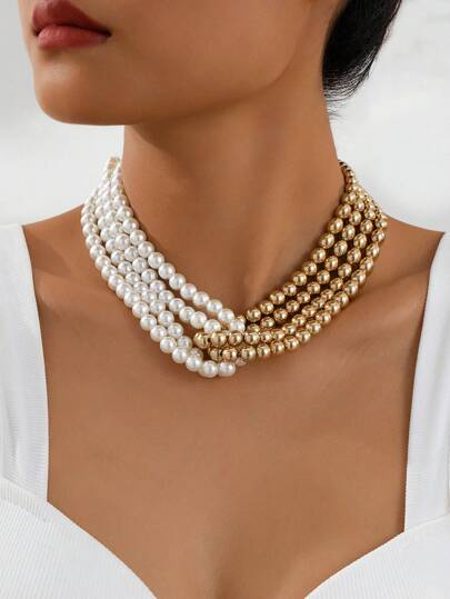 1 件复古法式多层串珠颈链，适合女性日常佩戴