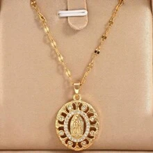 1 chiếc dây chuyền thép không gỉ mạ vàng đính đá Cubic Zirconia đính đá Mary thiết kế cổ điển thời trang cá nhân tối giản dành cho cả nam và nữ dành cho các cặp đôi, phong cách đường phố, tiệc tùng, Giáng sinh, Halloween (Bao bì túi OPP) - Vàng - Xem 2