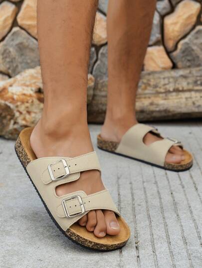 Sandálias masculinas casuais antiderrapantes com fivela dupla, adequadas para uso interno e externo