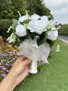 1 bó hoa cưới giả gồm hoa hồng, lúa mì và lá xanh, phụ kiện hoa ren cho cô dâu, phù dâu, chụp ảnh cưới ngoài trời, ngày Valentine, tiệc cưới. - Nhiều màu - Xem 17