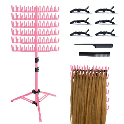 Braiding Hair Rack Metal Hair Extension Holder Hanger Height Adjustable Braiding Rack Braiding Stand With Hair Braiding Tools Braiding Hair Separator Stand For Hair Salon Home Traveling(Pink/White))